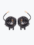 Pair of round LED motorcycle fog lights with black casing and exposed wiring, front view