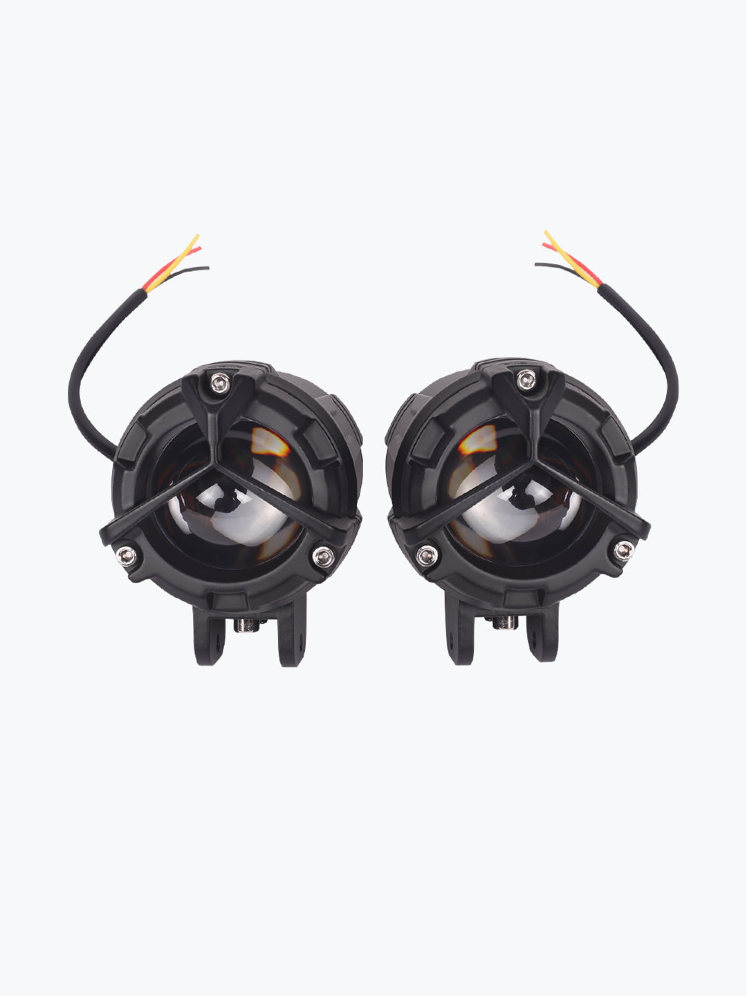 Pair of round LED motorcycle fog lights with black casing and exposed wiring, front view