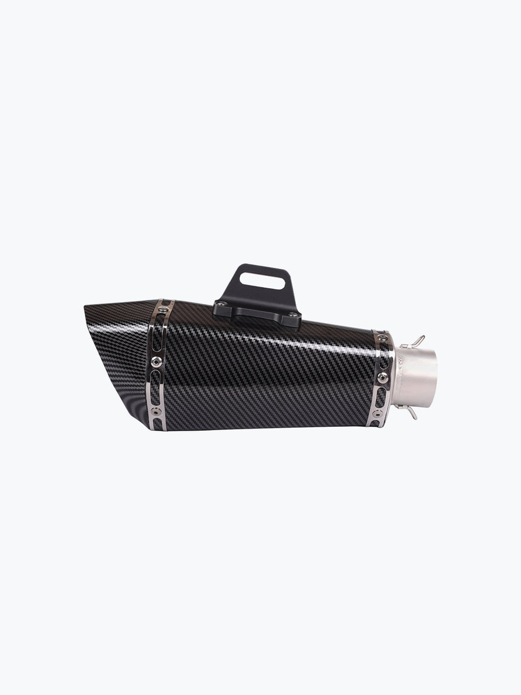Carbon fiber motorcycle exhaust muffler with metal mounting bracket on white background