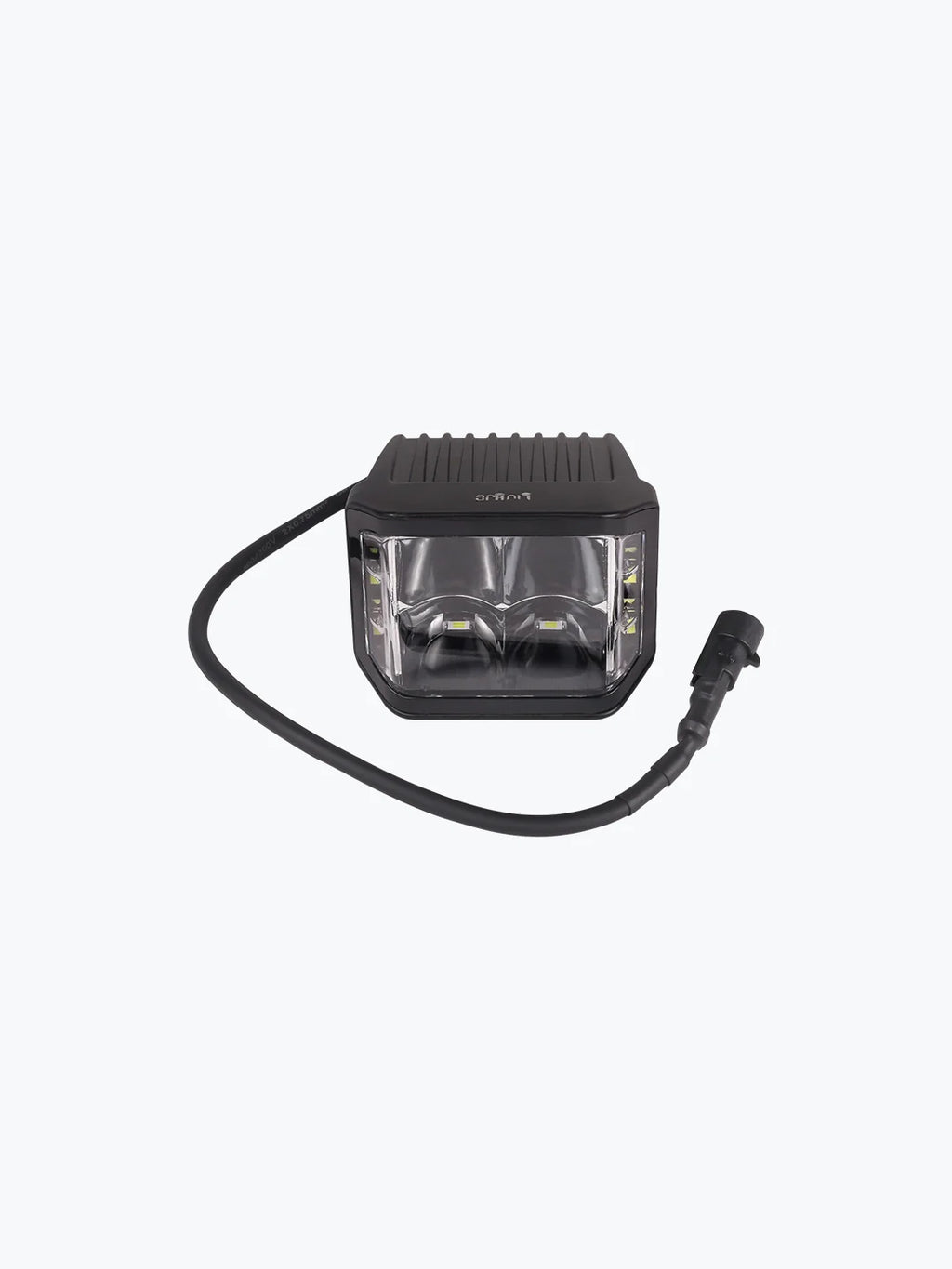 LED motorcycle headlight with black housing and attached power cable on white background