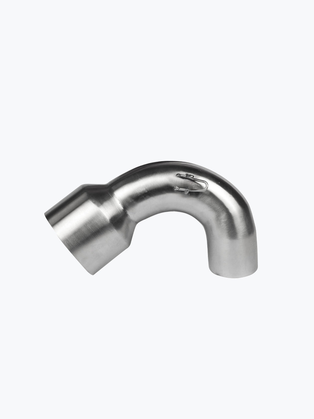 Stainless steel motorcycle exhaust pipe elbow on white background