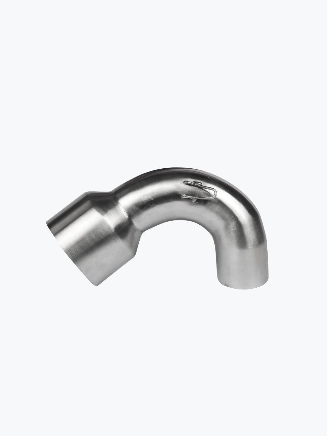 Stainless steel motorcycle exhaust pipe elbow on white background