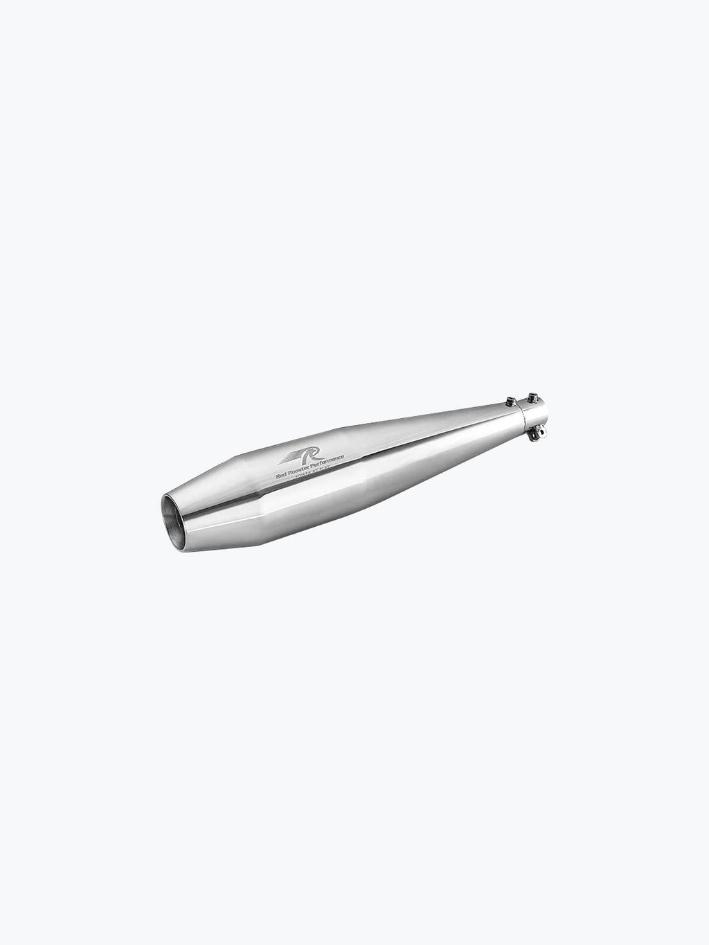 Stainless steel motorcycle exhaust muffler on a plain white background
