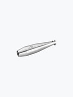 Stainless steel motorcycle exhaust muffler on a plain white background