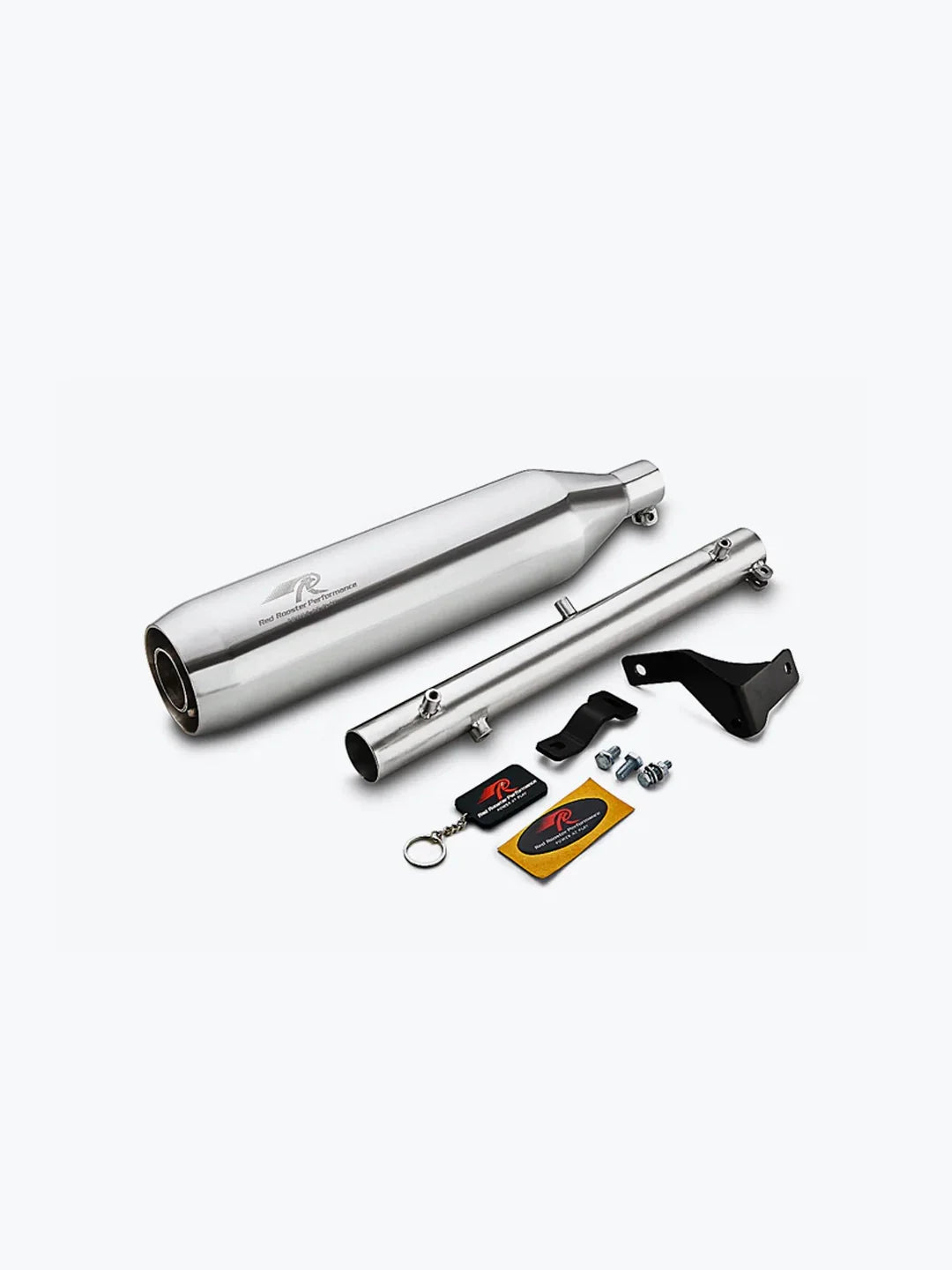 Stainless steel motorcycle exhaust kit with mounting hardware and branded keychain.
