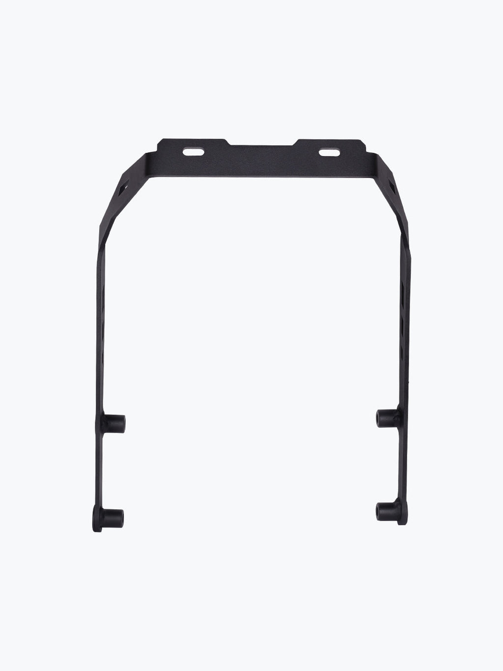 Black metal motorcycle mounting bracket on white background