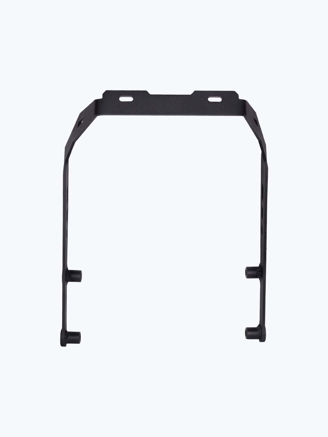 Black metal motorcycle mounting bracket on white background