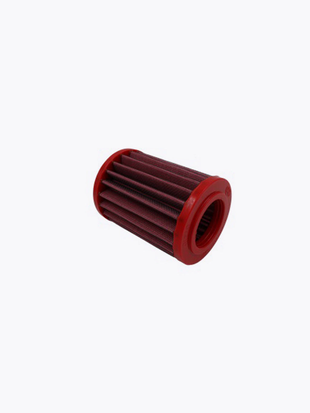 Red cylindrical motorcycle air filter with mesh pleats on a white background