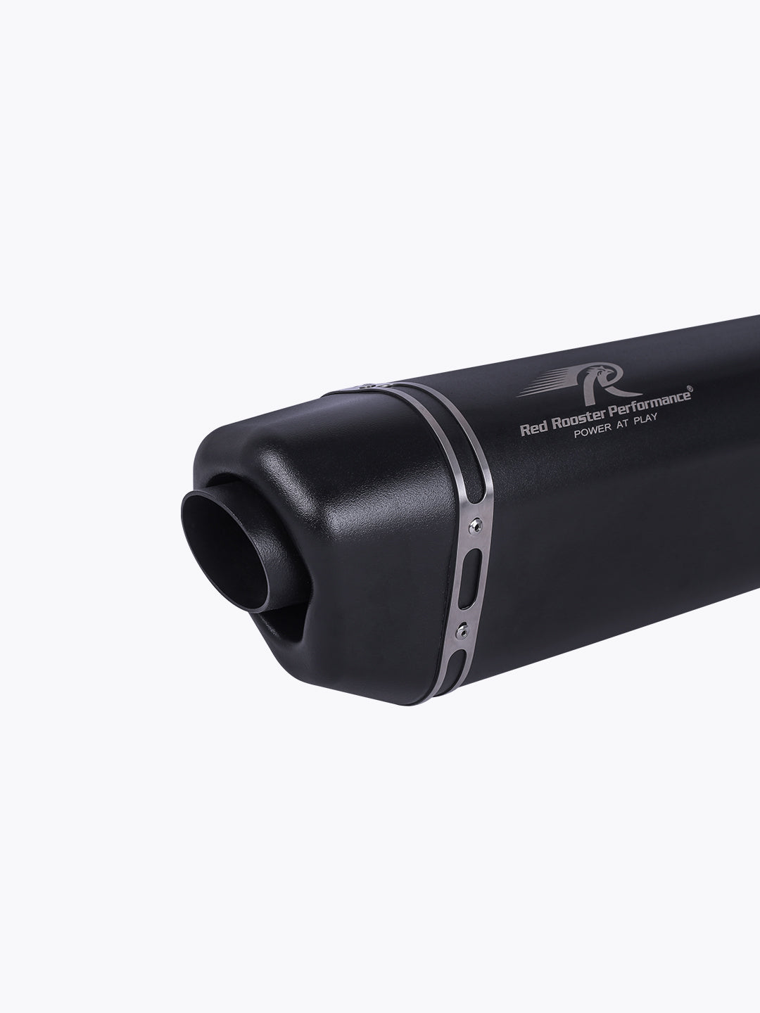 Black motorcycle exhaust silencer with metal band and Red Rooster Performance logo