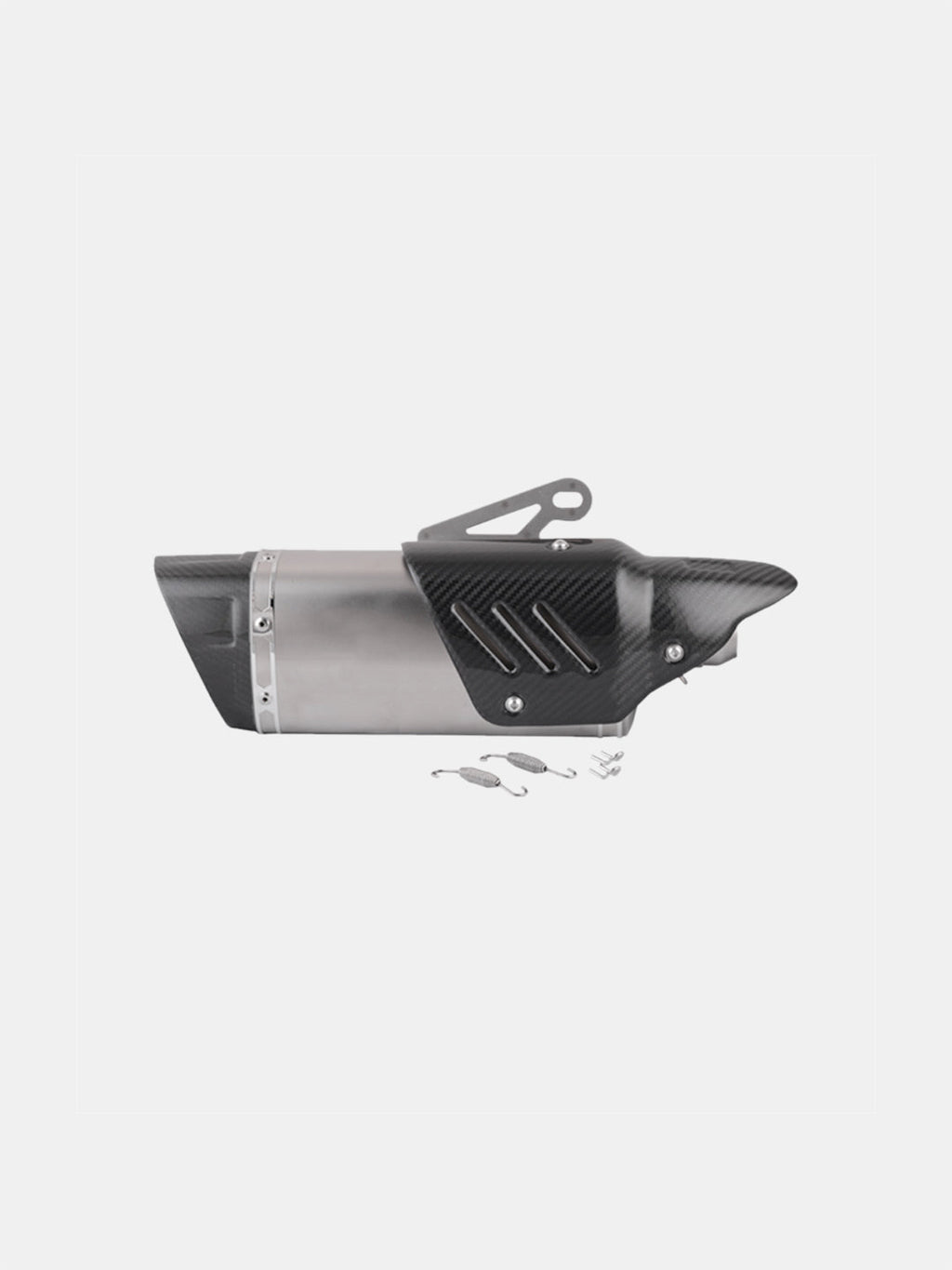 Motorcycle exhaust muffler with carbon fiber cover and mounting hardware on white background