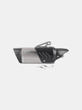 Motorcycle exhaust muffler with carbon fiber cover and mounting hardware on white background