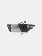 Motorcycle exhaust muffler with carbon fiber cover and mounting hardware on white background
