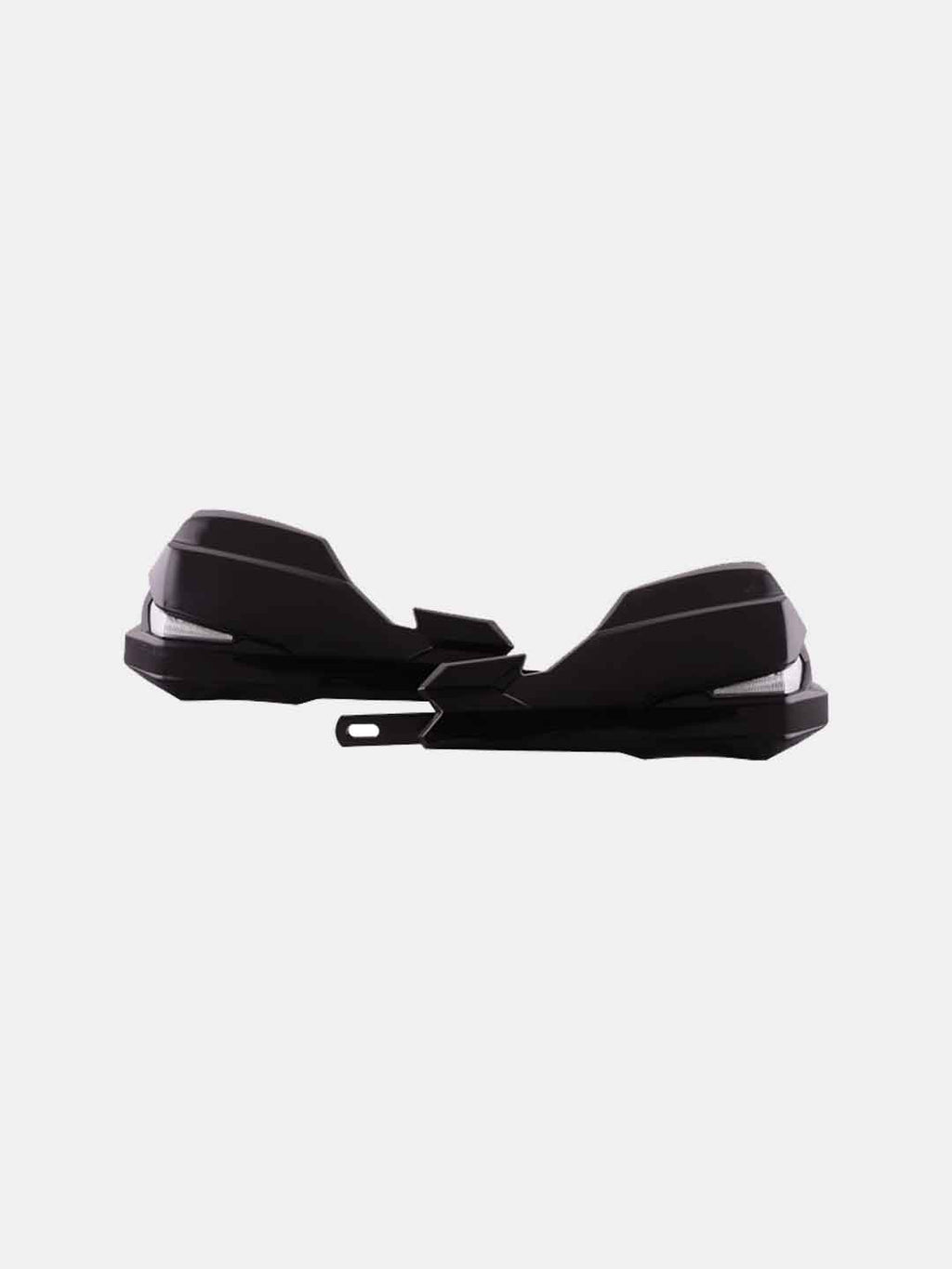 Black motorcycle handguards with integrated LED lights on a white background