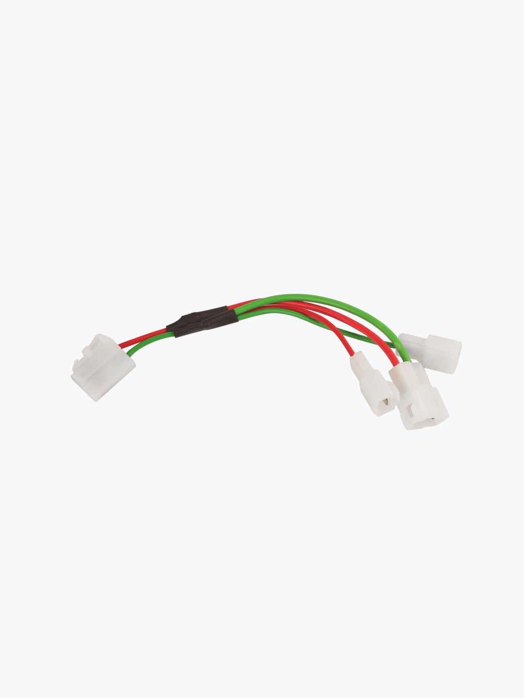 Motorcycle wiring harness adapter with red and green wires, white connectors on gray background