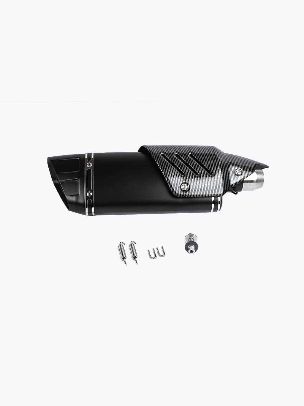 Black motorcycle exhaust muffler with carbon fiber cover and mounting hardware on white background