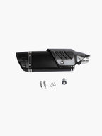 Black motorcycle exhaust muffler with carbon fiber cover and mounting hardware on white background
