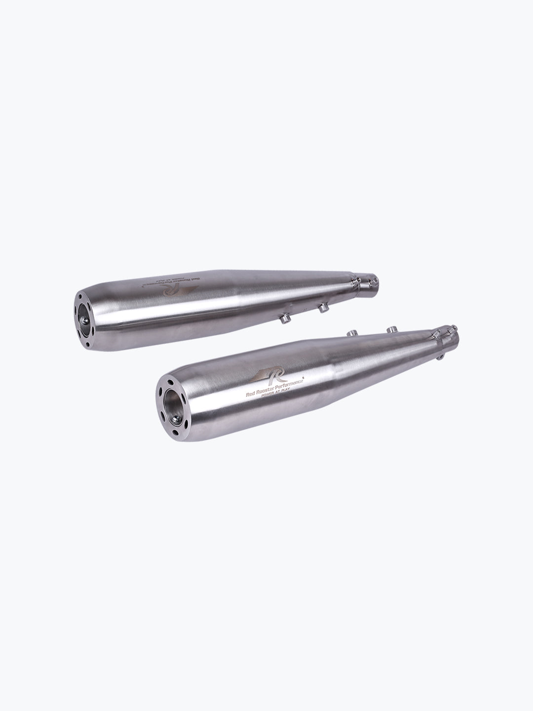 Pair of stainless steel motorcycle exhaust silencers with polished finish on white background