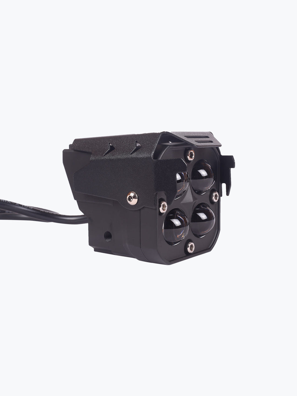 Black motorcycle LED headlight with four lenses and wired connection on white background