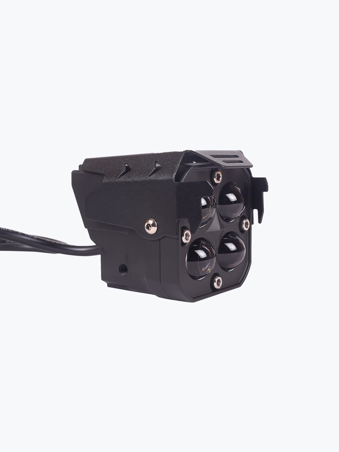 Black motorcycle LED headlight with four lenses and wired connection on white background