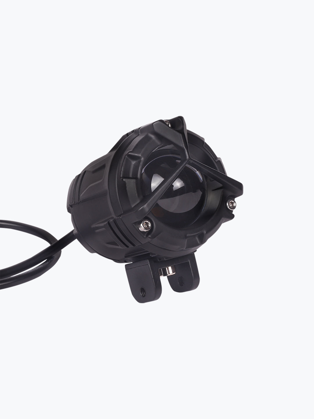 Black motorcycle LED fog light with mounting bracket on a white background