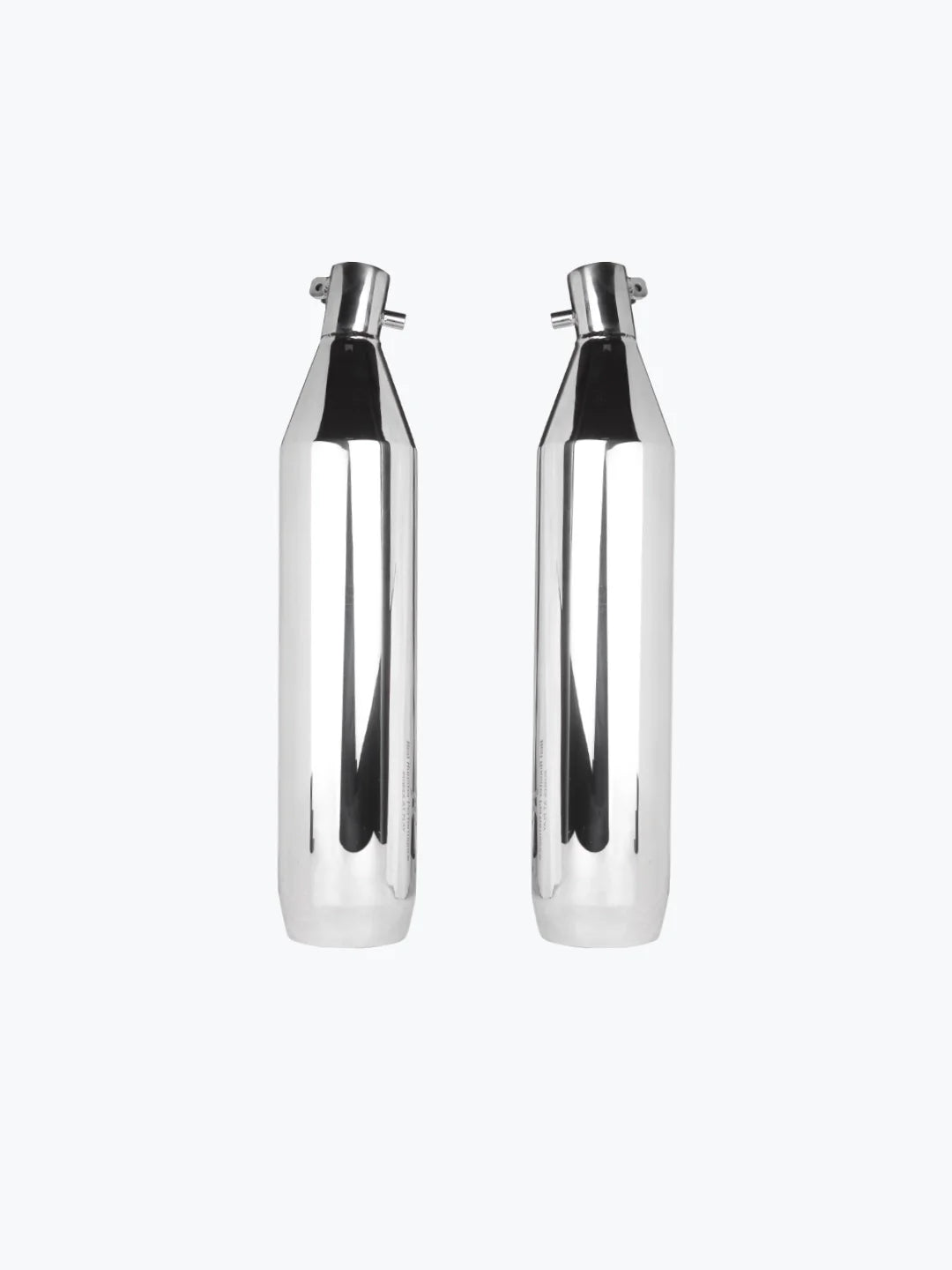 Pair of chrome motorcycle exhaust silencers on white background