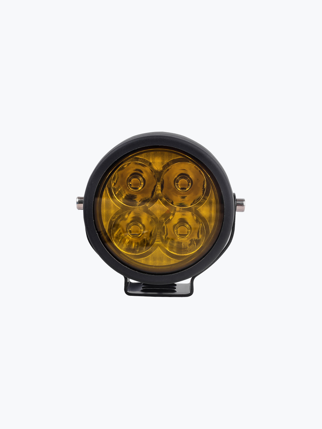 Round yellow motorcycle LED fog light with black housing, front view on white background