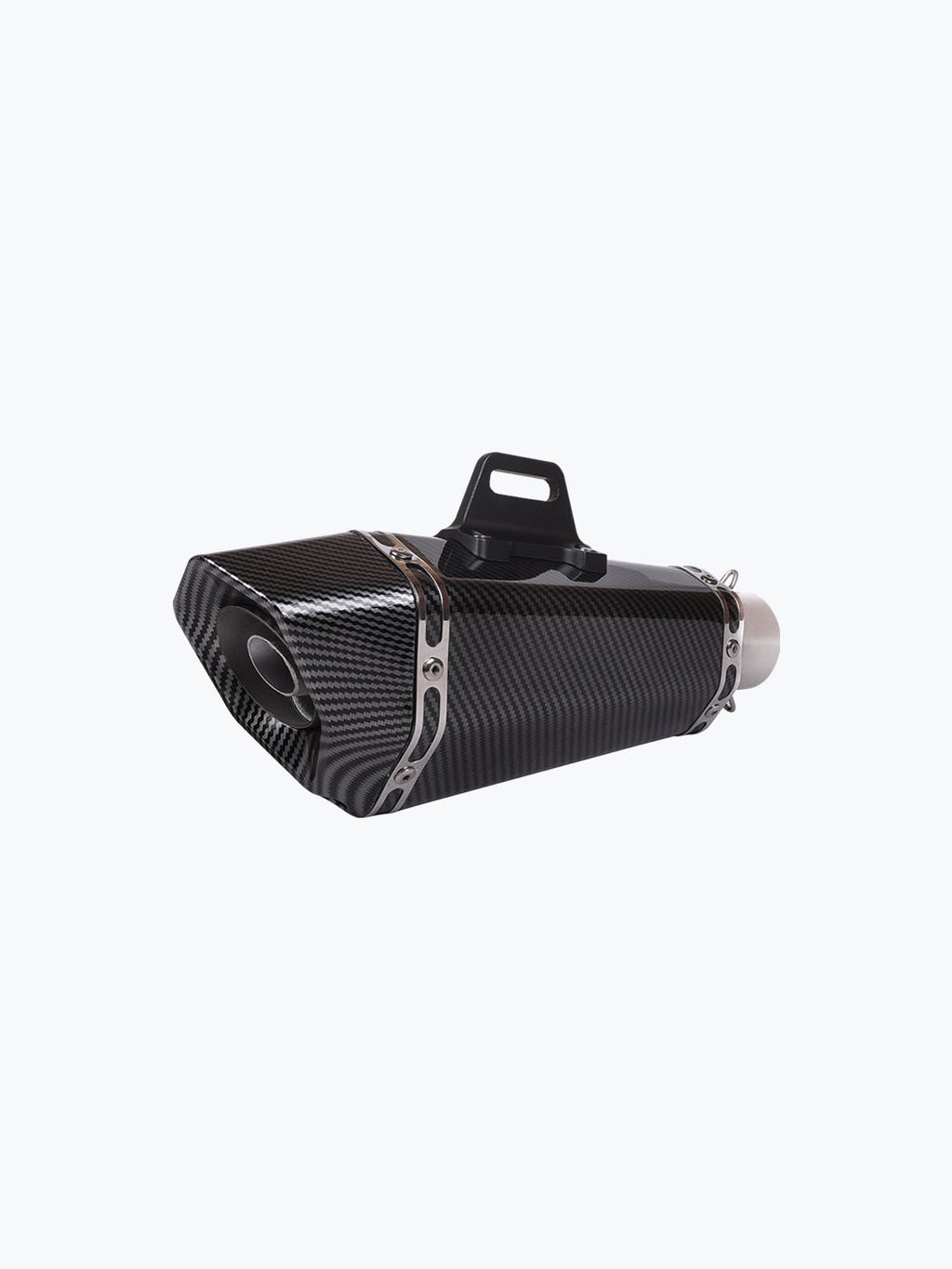 Carbon fiber motorcycle exhaust muffler with metal brackets on white background