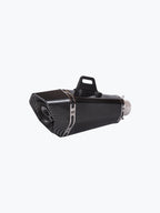 Carbon fiber motorcycle exhaust muffler with metal brackets on white background