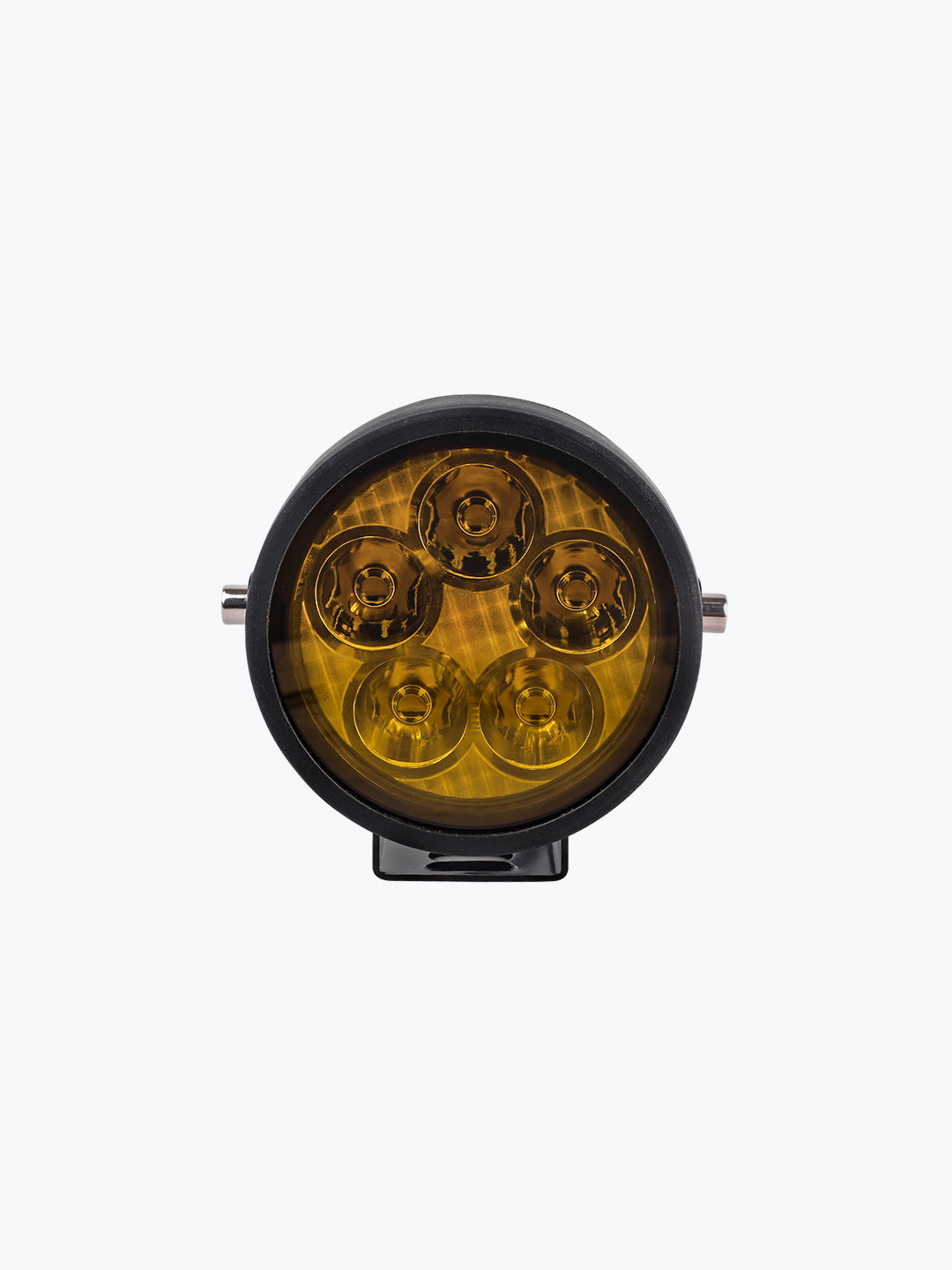 Round yellow motorcycle LED spotlight with black housing, front view on white background