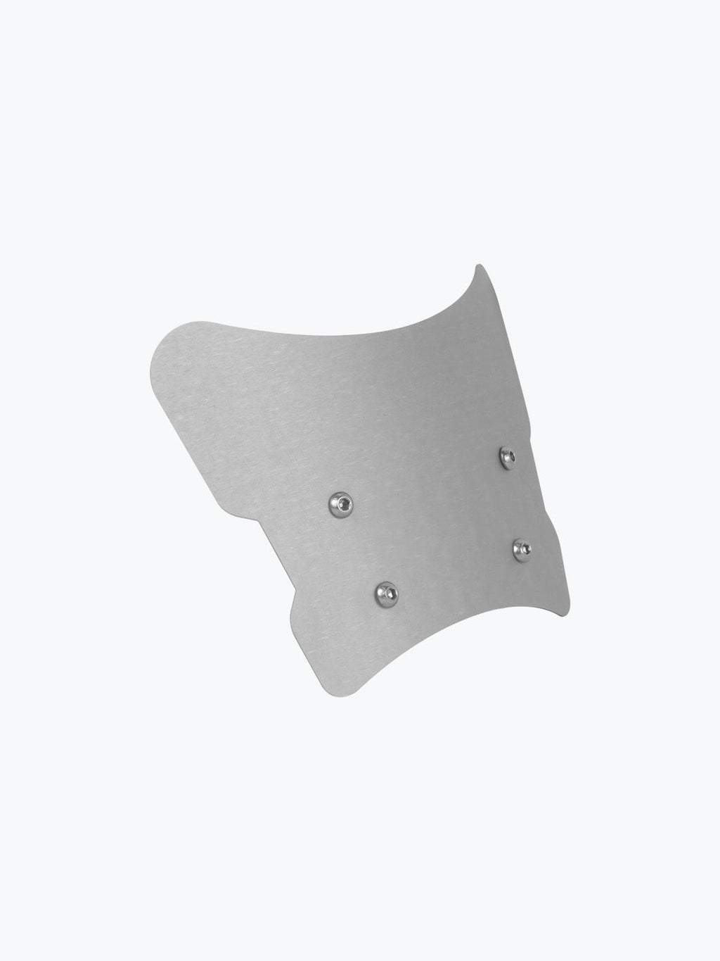 Brushed metal motorcycle windscreen with four mounting bolts on a plain background