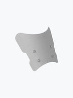 Brushed metal motorcycle windscreen with four mounting bolts on a plain background