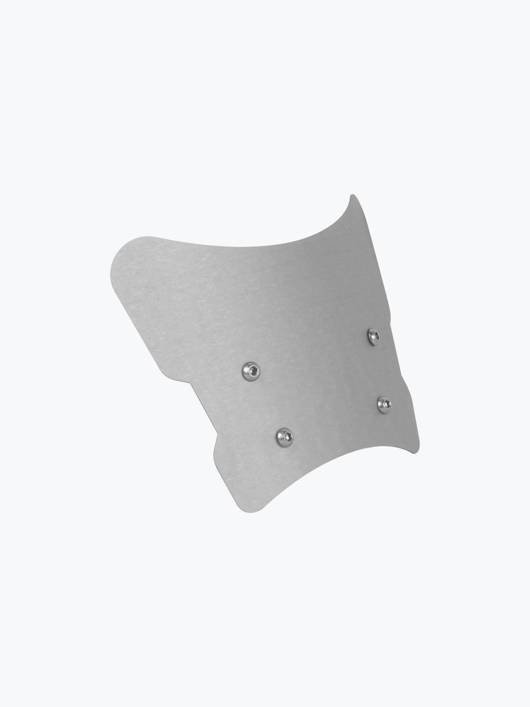 Brushed metal motorcycle windscreen with four mounting bolts on a plain background