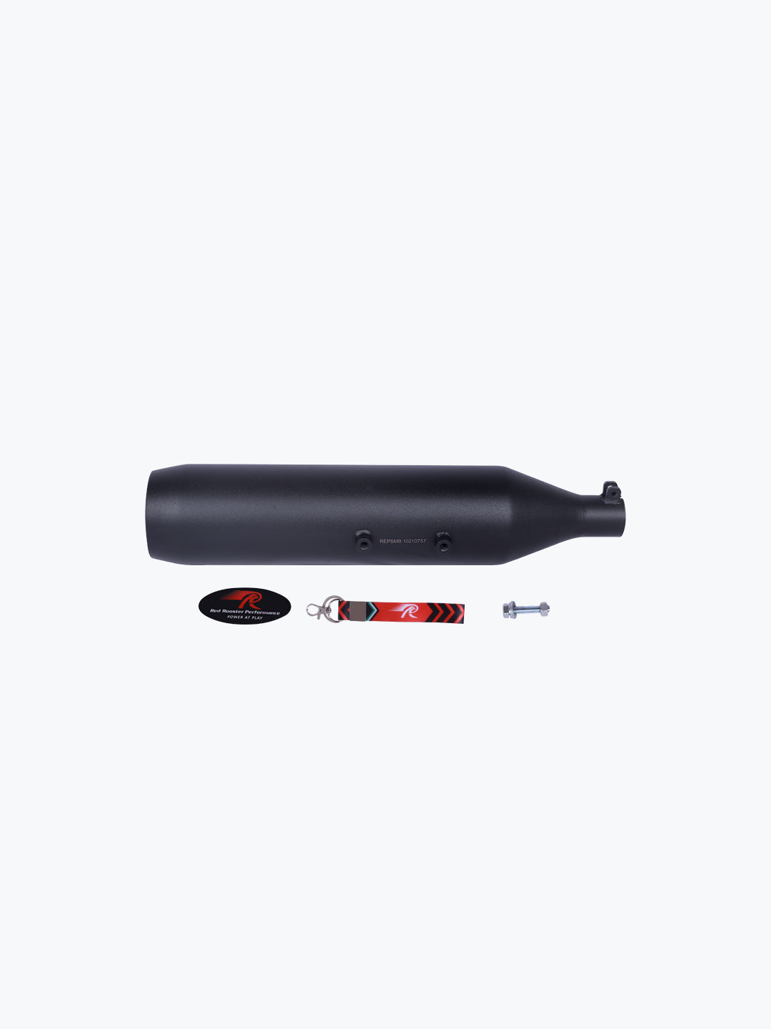 Black motorcycle exhaust pipe with decal, keychain, and mounting bolt on white background
