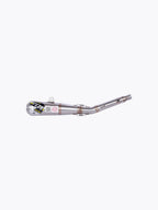 Performance motorcycle exhaust pipe with titanium finish and visible welded joints on white background