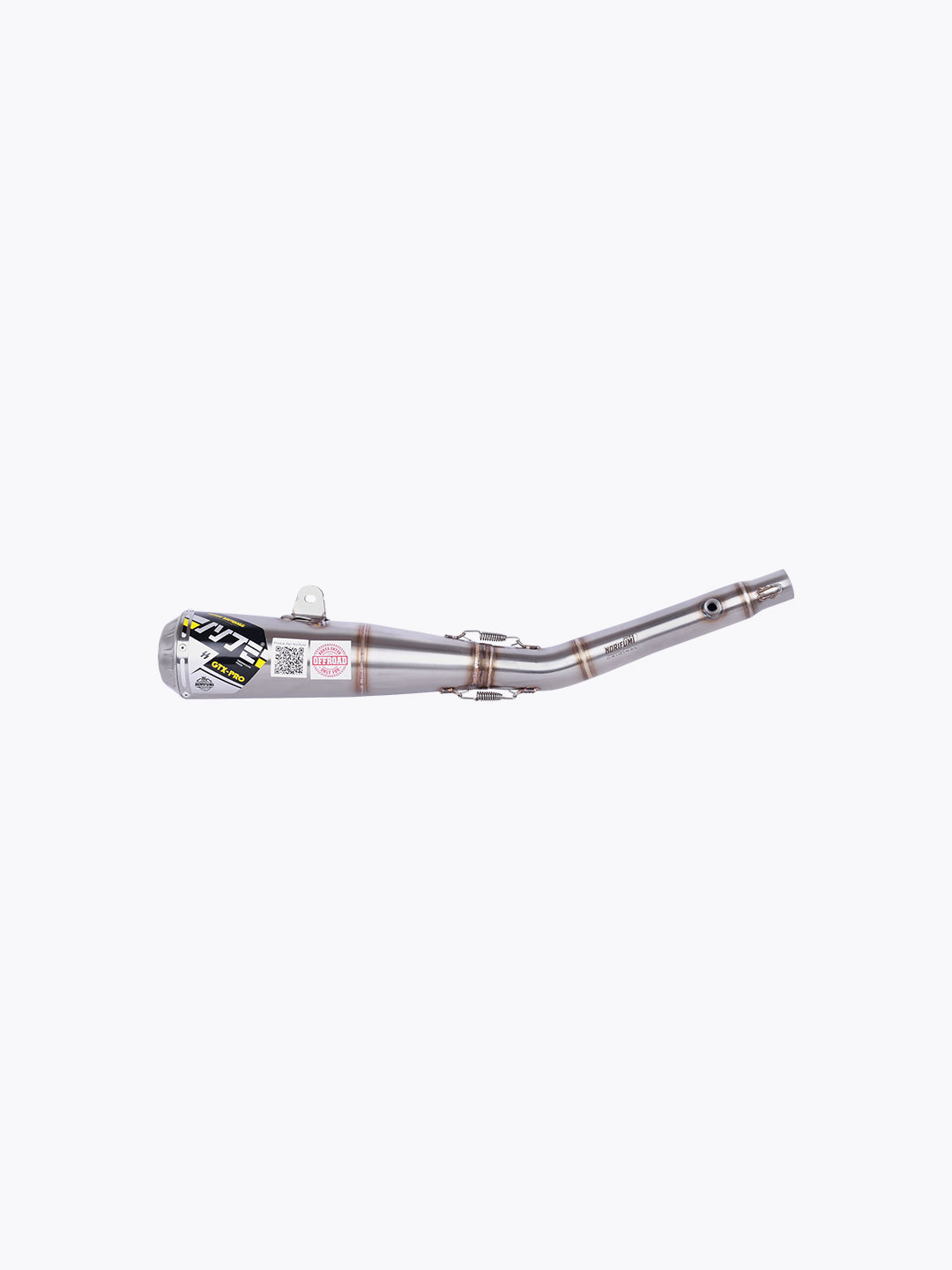 Performance motorcycle exhaust pipe with titanium finish and visible welded joints on white background