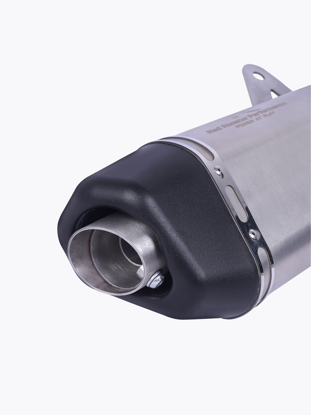 Close-up of stainless steel motorcycle exhaust muffler with black tip, isolated on white background.