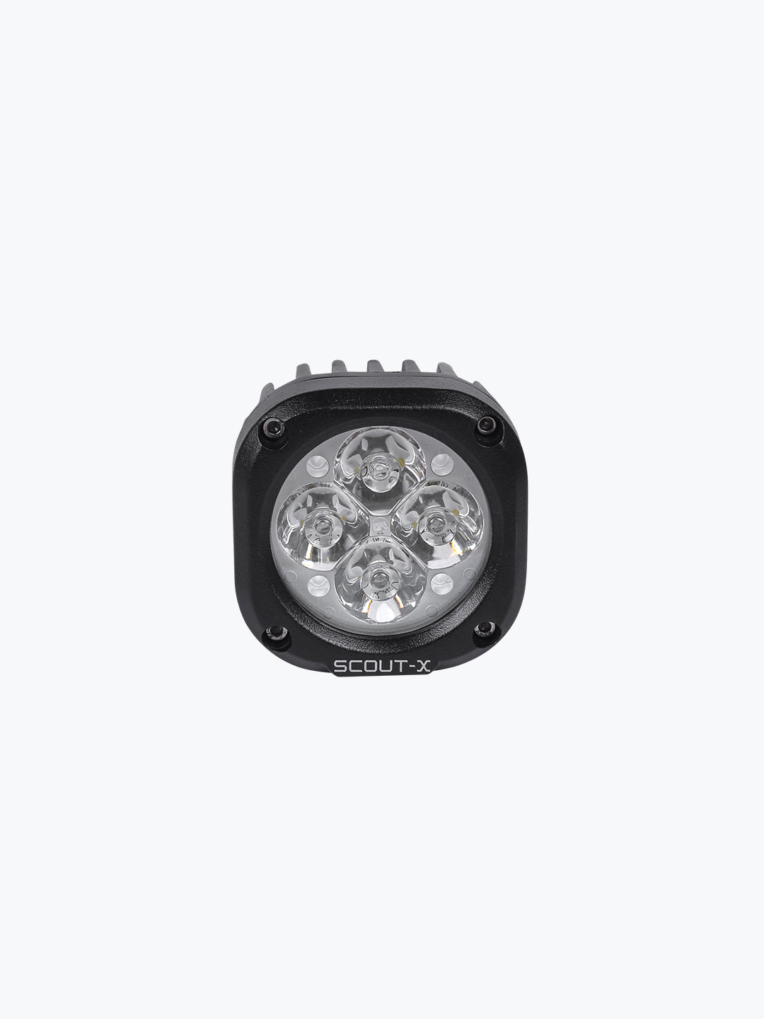 Square LED off-road driving light with four lenses, labeled SCOUT-X, on white background