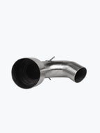 Stainless steel motorcycle exhaust pipe on white background, aftermarket auto part