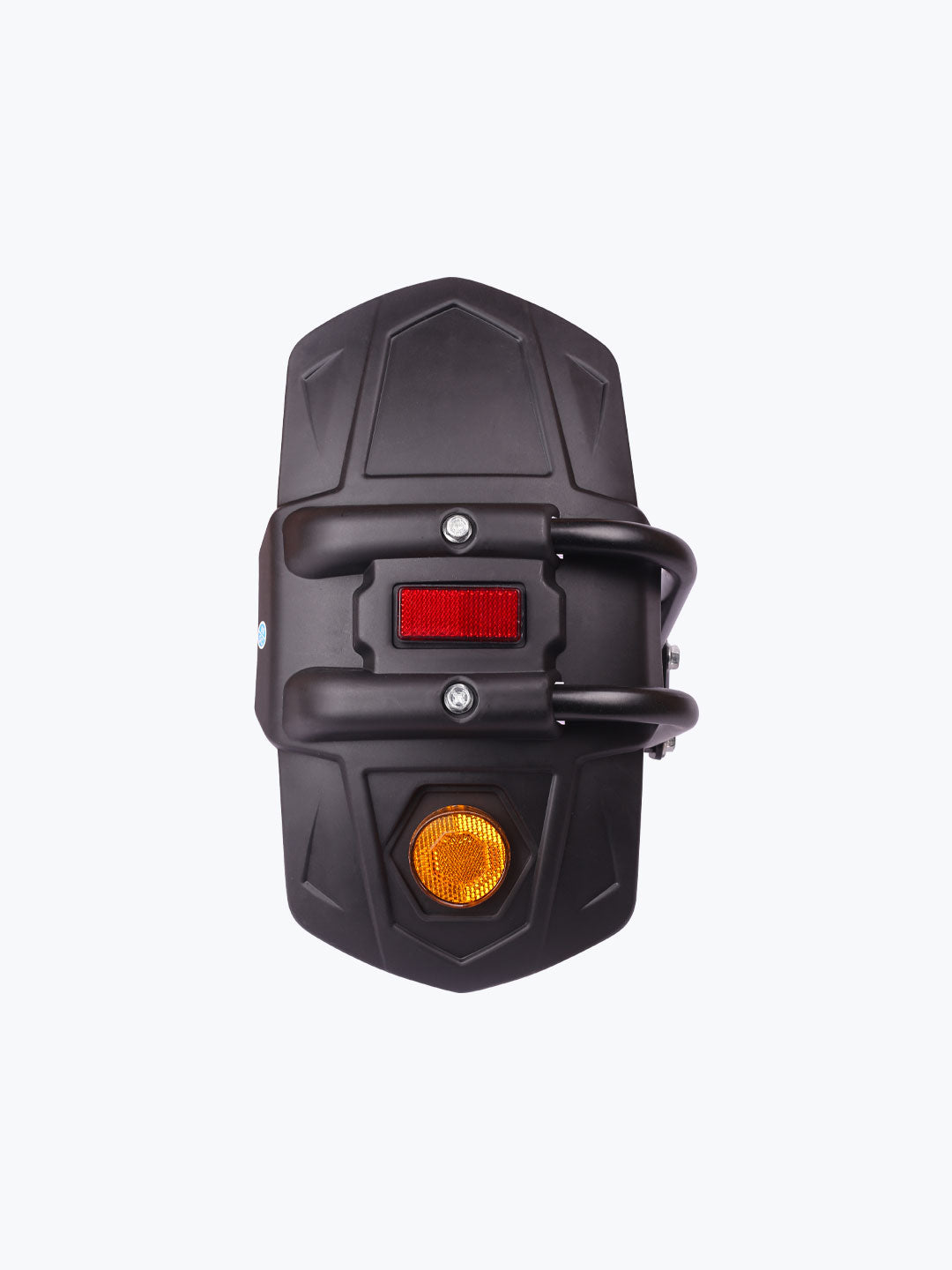 Black motorcycle rear fender with red reflector and amber signal light on white background