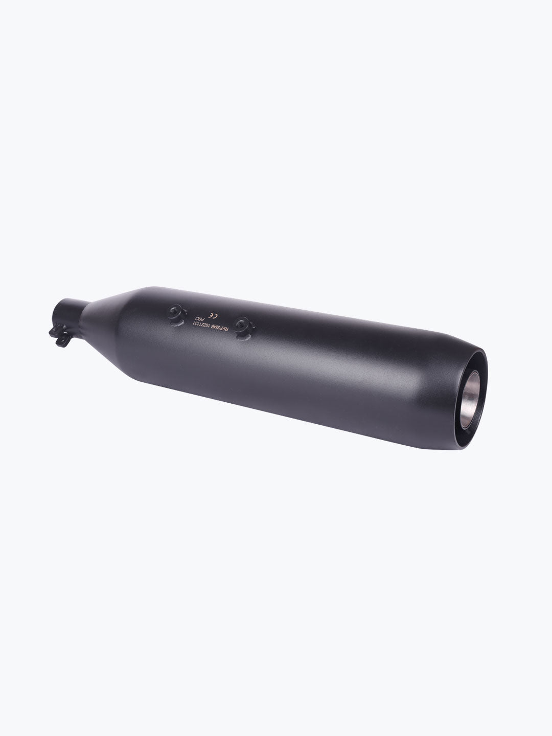 Matte black motorcycle exhaust muffler on white background