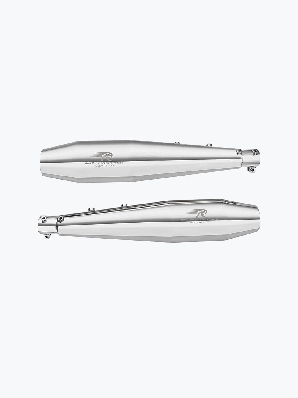 Pair of stainless steel motorcycle exhaust silencers on a white background