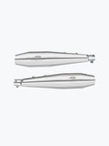 Pair of stainless steel motorcycle exhaust silencers on a white background