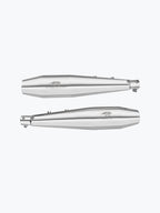 Pair of stainless steel motorcycle exhaust silencers on a white background