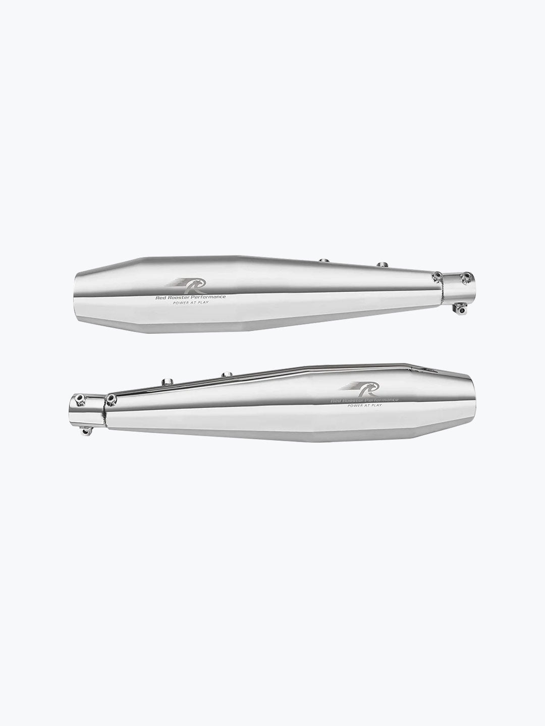 Pair of stainless steel motorcycle exhaust silencers on a white background