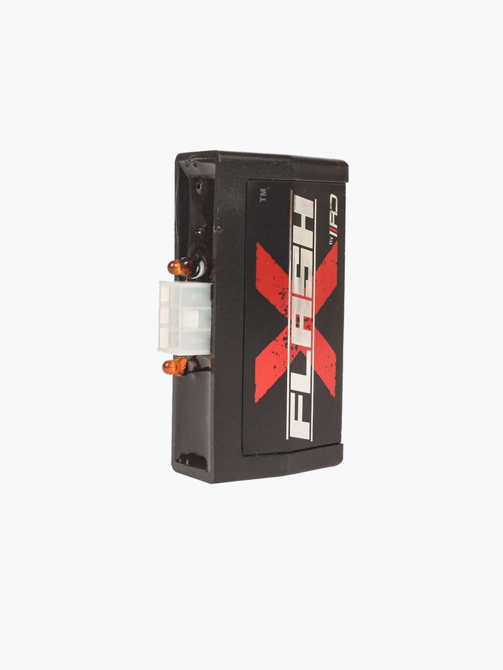 Motorcycle electronic relay with Flash X label on a plain background