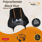 Polycarbonate black visor for Meteor 350 motorcycle with mounting accessories, 1 year warranty