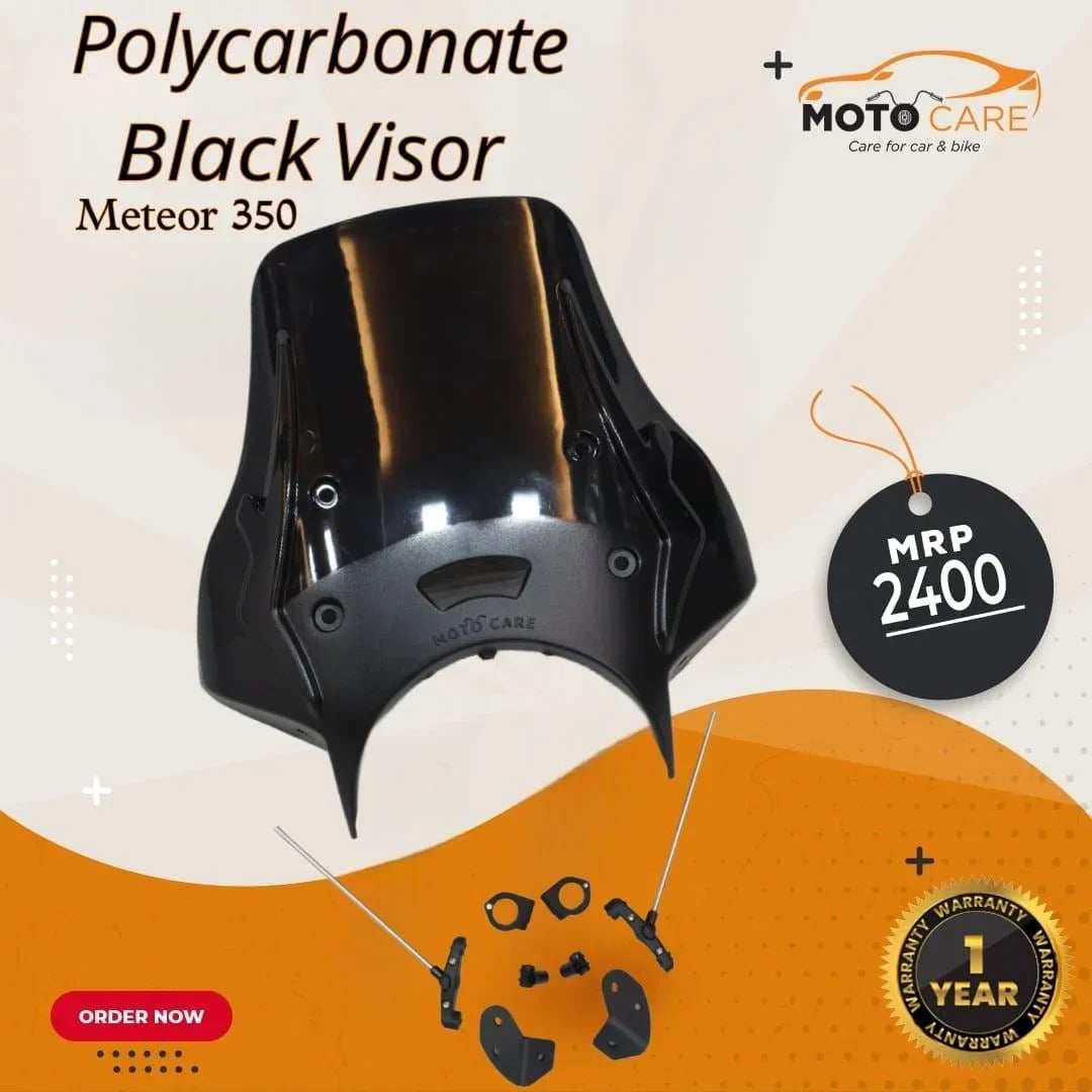 Polycarbonate black visor for Meteor 350 motorcycle with mounting accessories, 1 year warranty