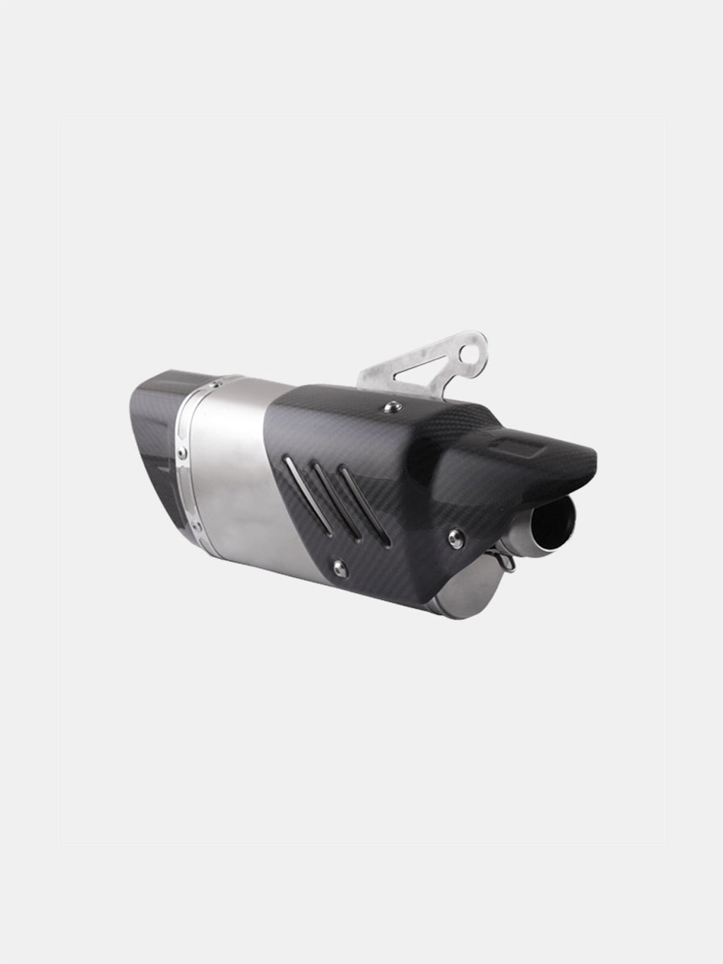 Carbon fiber motorcycle exhaust muffler with metal heat shield on white background