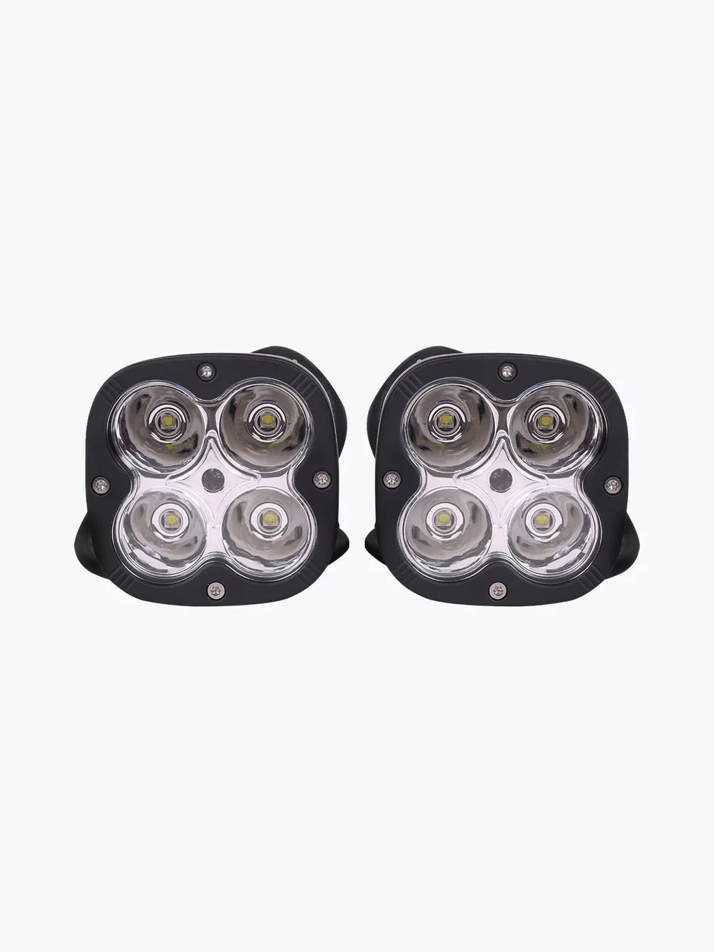 Pair of black LED motorcycle auxiliary lights with four lenses each on white background