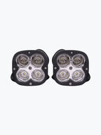 Pair of black LED motorcycle auxiliary lights with four lenses each on white background